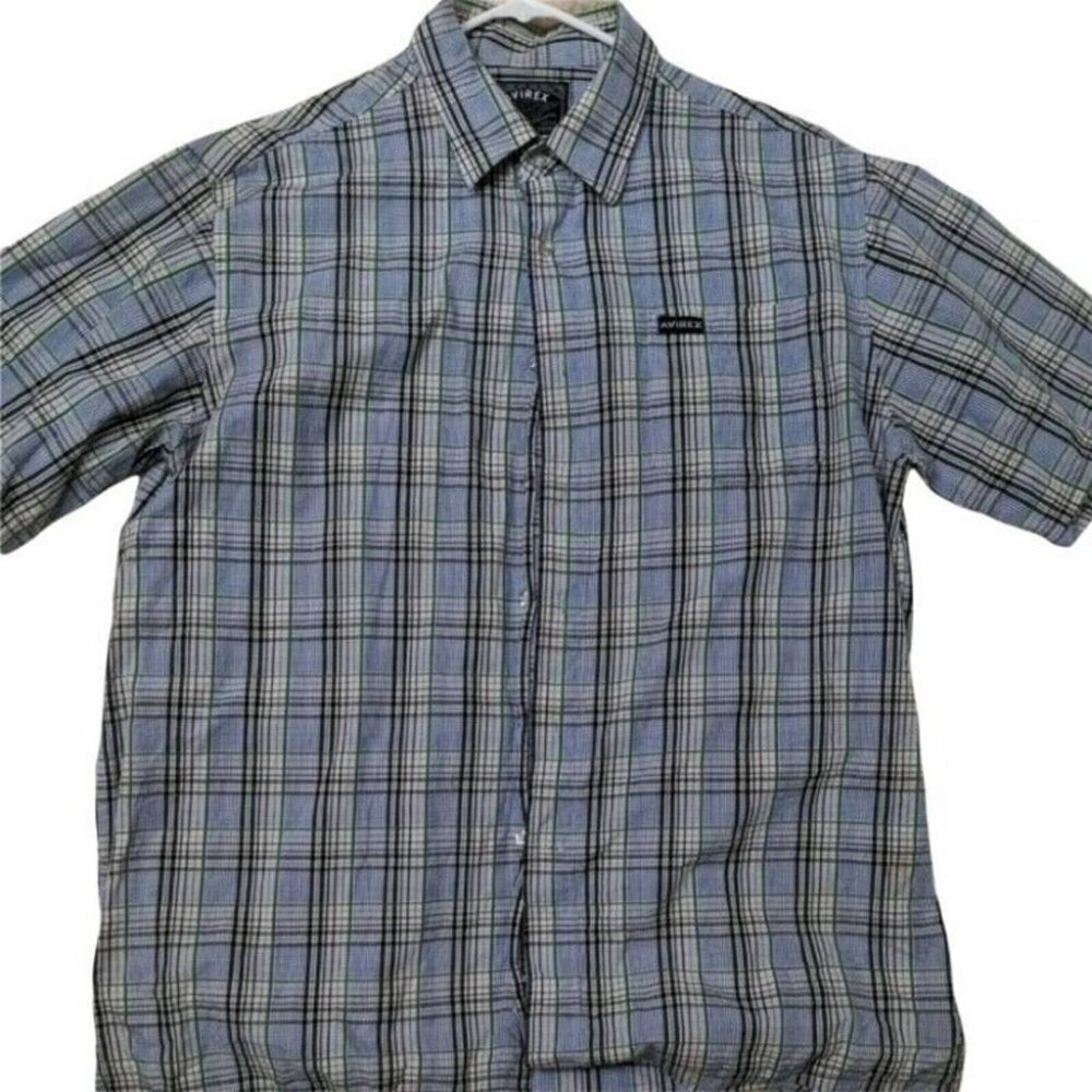 Avirex button down Shirt Mens XL short sleeve Gray plaid‎ 100% cotton